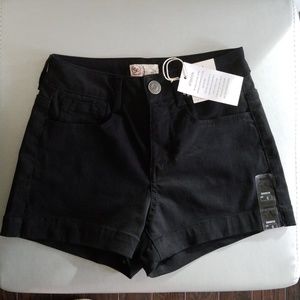 Black high rise shortie shorts.